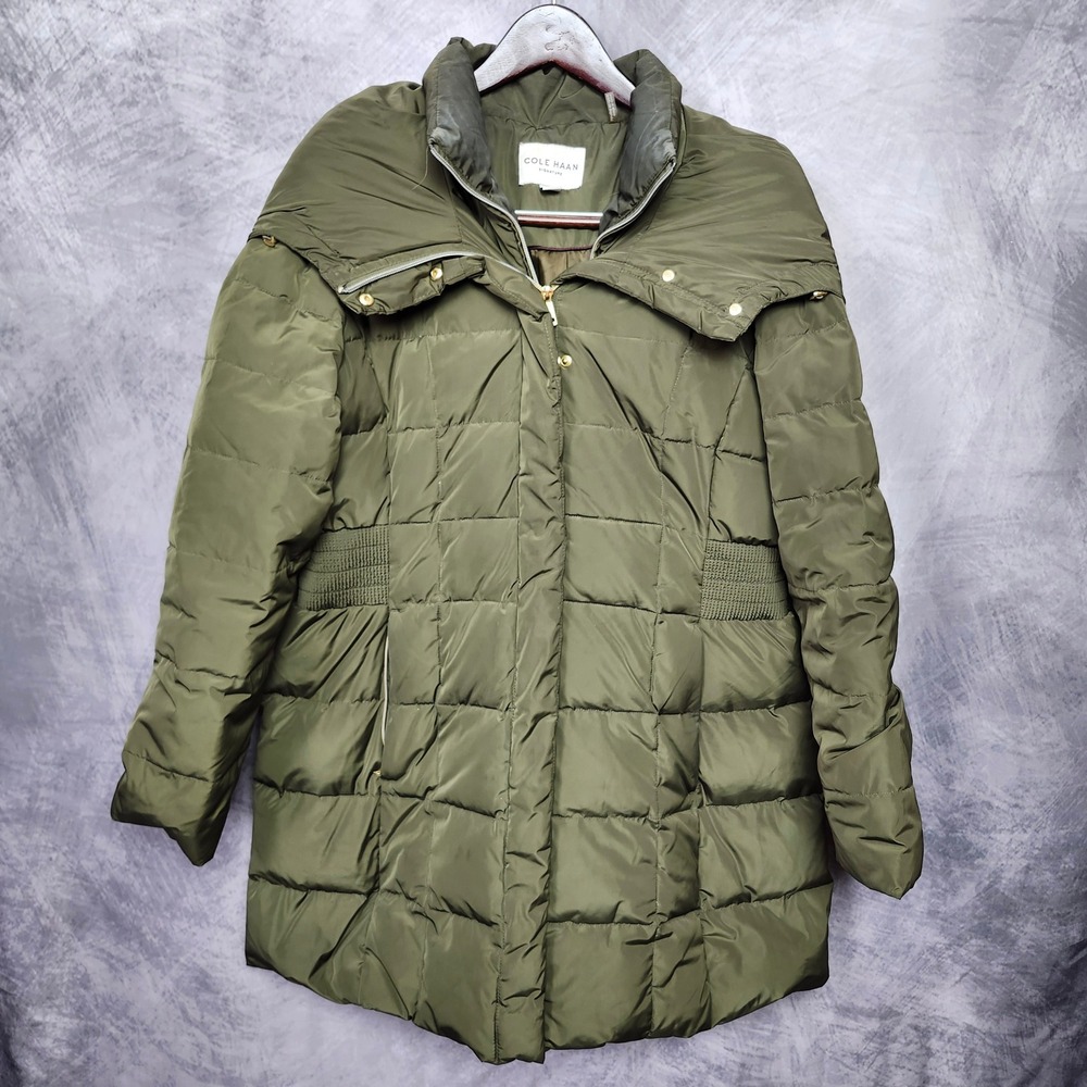 Cole Haan Down Quilted Puffer Coat Jacket Womens XL Olive Green Bib Parka Warm